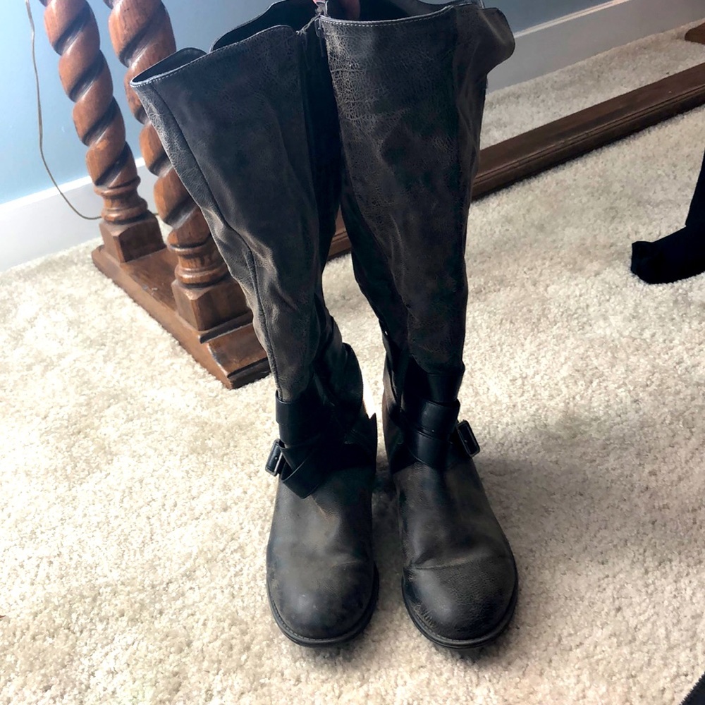 Gray/black knee high wide calf boot